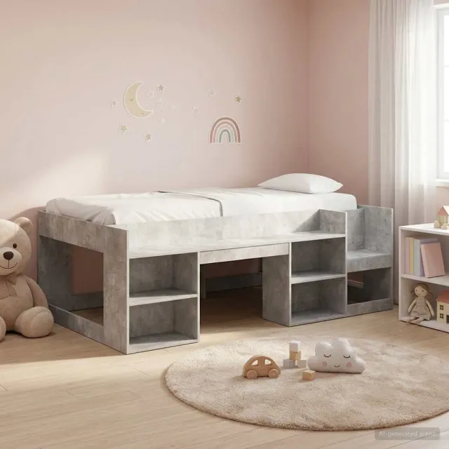 vidaXL Jeugd bedframe met opbergruimte Betongrijs 90 x 200 cm