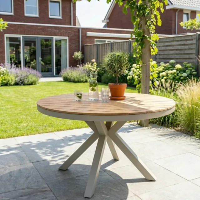 Tuinmeubelwinkel Tuintafel Calgary Rond 140cm Beige/Hout Dining Eettafel - RP140W Houtlook