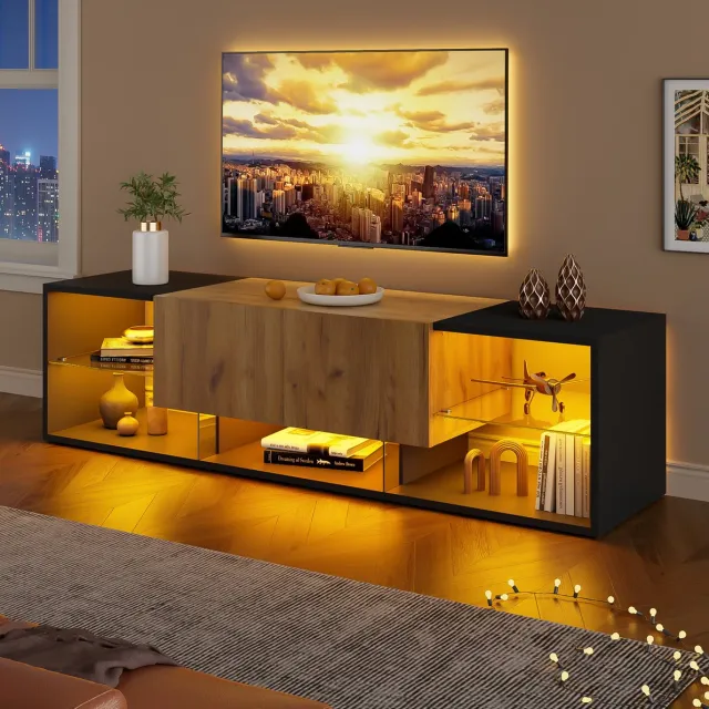 MODENUIT Dressoir - Tv-Meubel Met LED En 2 Lades - Voor Woonkamer - Spaanplaat - Zwart/Naturel - 160x40x42 Cm Zwart + naturel houtkleur