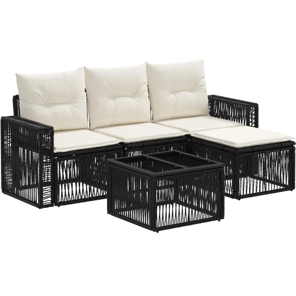 vidaXL Tuinbankenset 5 st 4-zits Zwart en Cream Wit poly rattan, foto 3