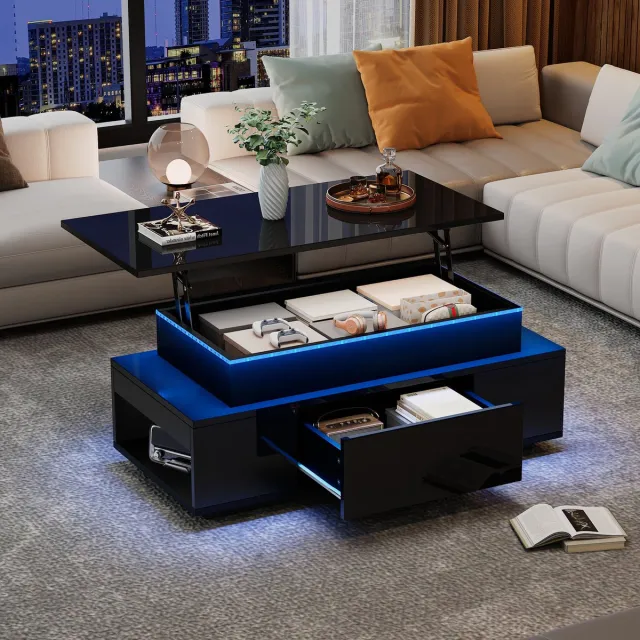 Wishdor Salontafel 96x45x40 cm van spaanplaat, zwart hoogglans, verstelbaar met verborgen opbergruimte en LED