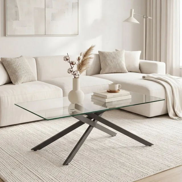 DESMIU Salontafel - Gehard Glazen Blad Met Zwarte Metalen Poten - Modern Voor Woonkamer - Glas - 100 X 60 X 46 Cm - Zwart