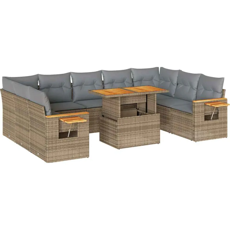 vidaXL 10-delige Loungeset met kussens poly rattan acacia beige, foto 3