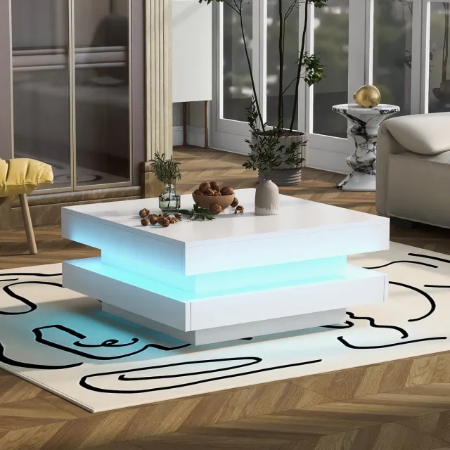STILVORA Salontafel - Hoogglans Met 360 Graden Draaiblad En Ledverlichting - Voor Moderne Woonkamer - Spaanplaat - 70x70x36 Cm - Wit