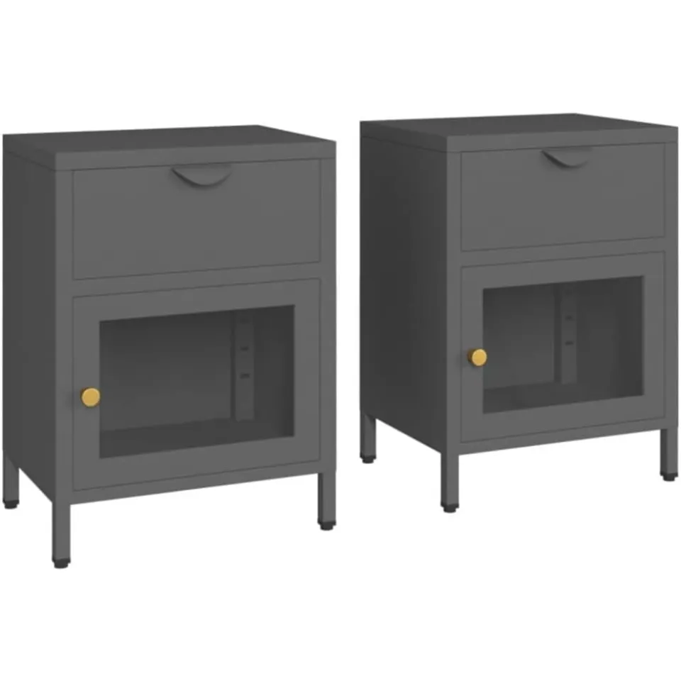 vidaXL Nachtkastjes 2 st 40x30x54,5 cm staal en glas antracietkleurig, foto 3