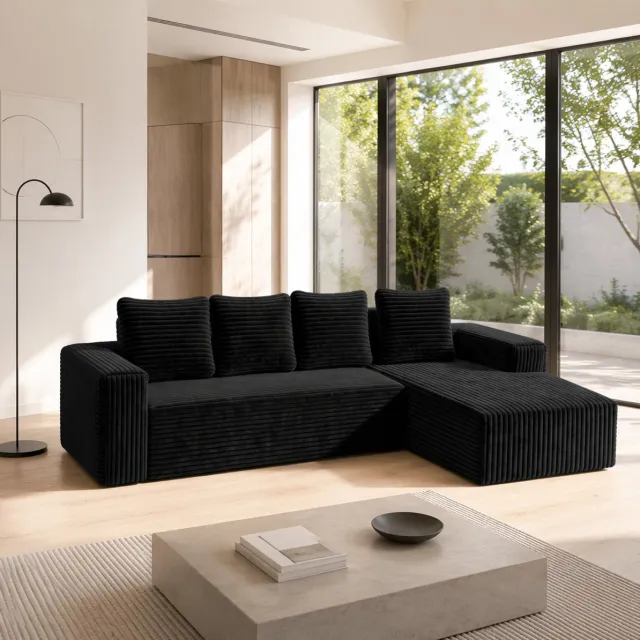 MODENUIT Hoekbank 261 x 168 x 58 cm - Modulaire L-Vorm Met Chaise - Voor Woonkamer En Huiskamer - Corduroy Zwart