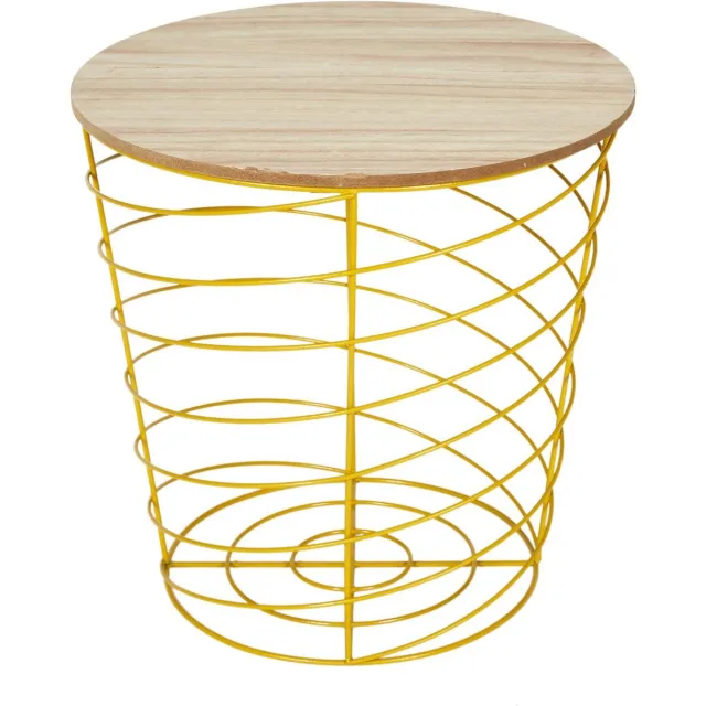 WDMT Metalen Draadmand Bijzettafel met Houten Blad - ø 40 x 40,5 cm - Ronde Opbergtafel - Stijlvol Koffietafel - Praktische Opbergruimte - Salontafel - Plantentafel voor binnen Rond - Tafel - Geel