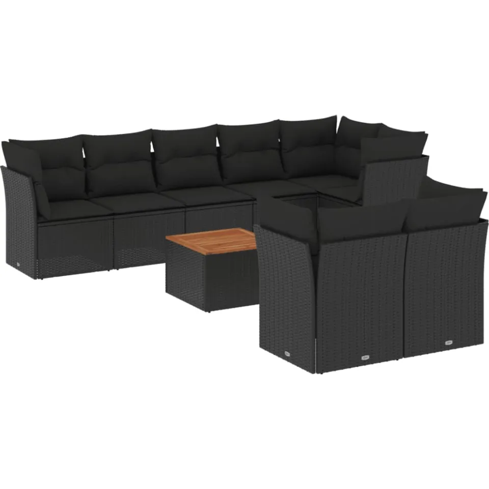 vidaXL 9-delige Loungeset met kussens poly rattan zwart