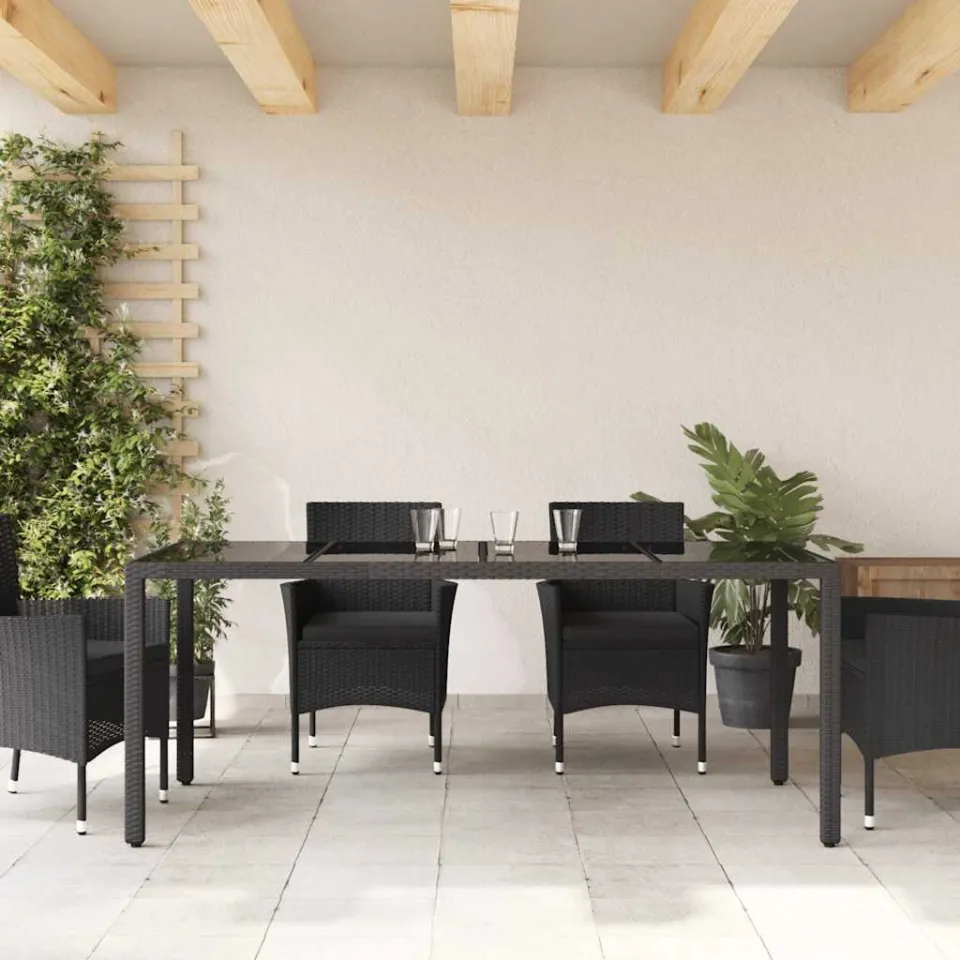 vidaXL Tuintafel met glazen blad 190x90x75 cm poly rattan zwart, foto 3