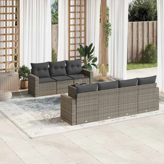 vidaXL 8-delige Loungeset met kussens poly rattan grijs, foto 2