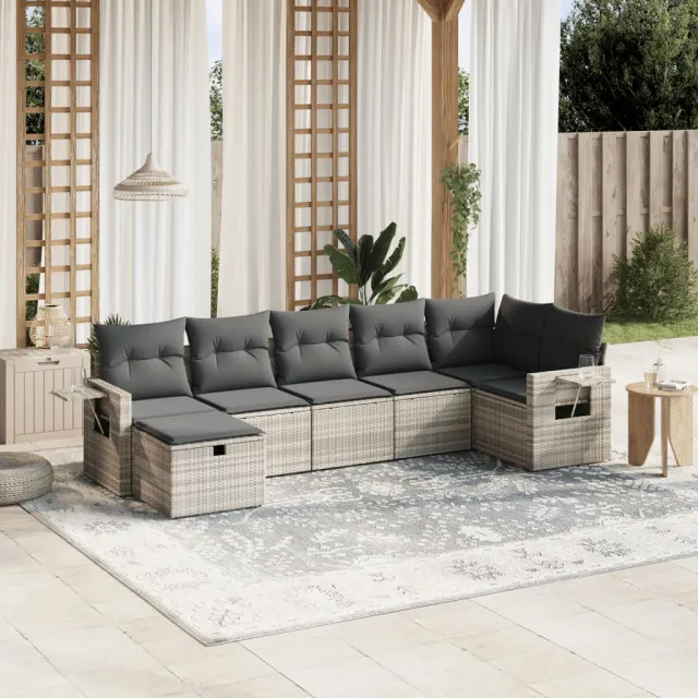 vidaXL 7-delige Loungeset met kussens poly rattan lichtgrijs