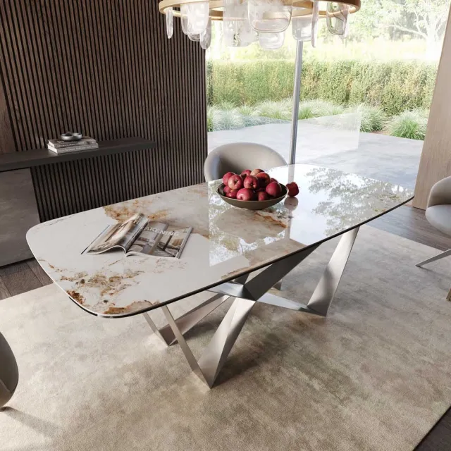 DELIFE Eetkamertafel Edge wit-beige Boot keramiek Minas Melange 200x100 spider vlak staal RVS Weiß-Beige