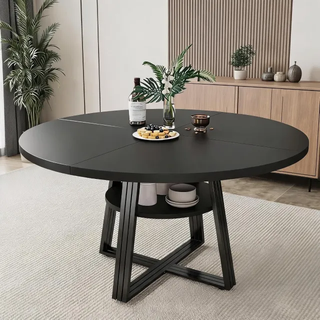 HOERFURIY Landelijke ronde tafel 120 cm zwart, opbergvak, geschikt voor eetkamer en keuken