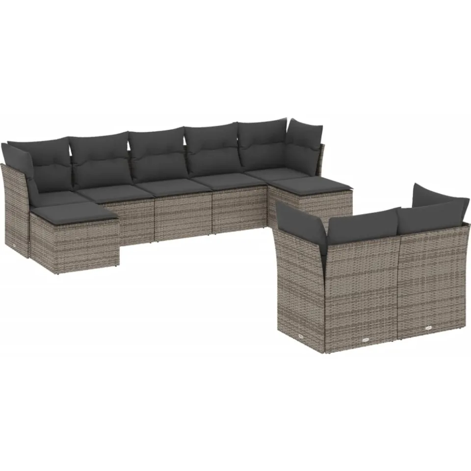 vidaXL 9-delige Loungeset met kussens poly rattan grijs, foto 3