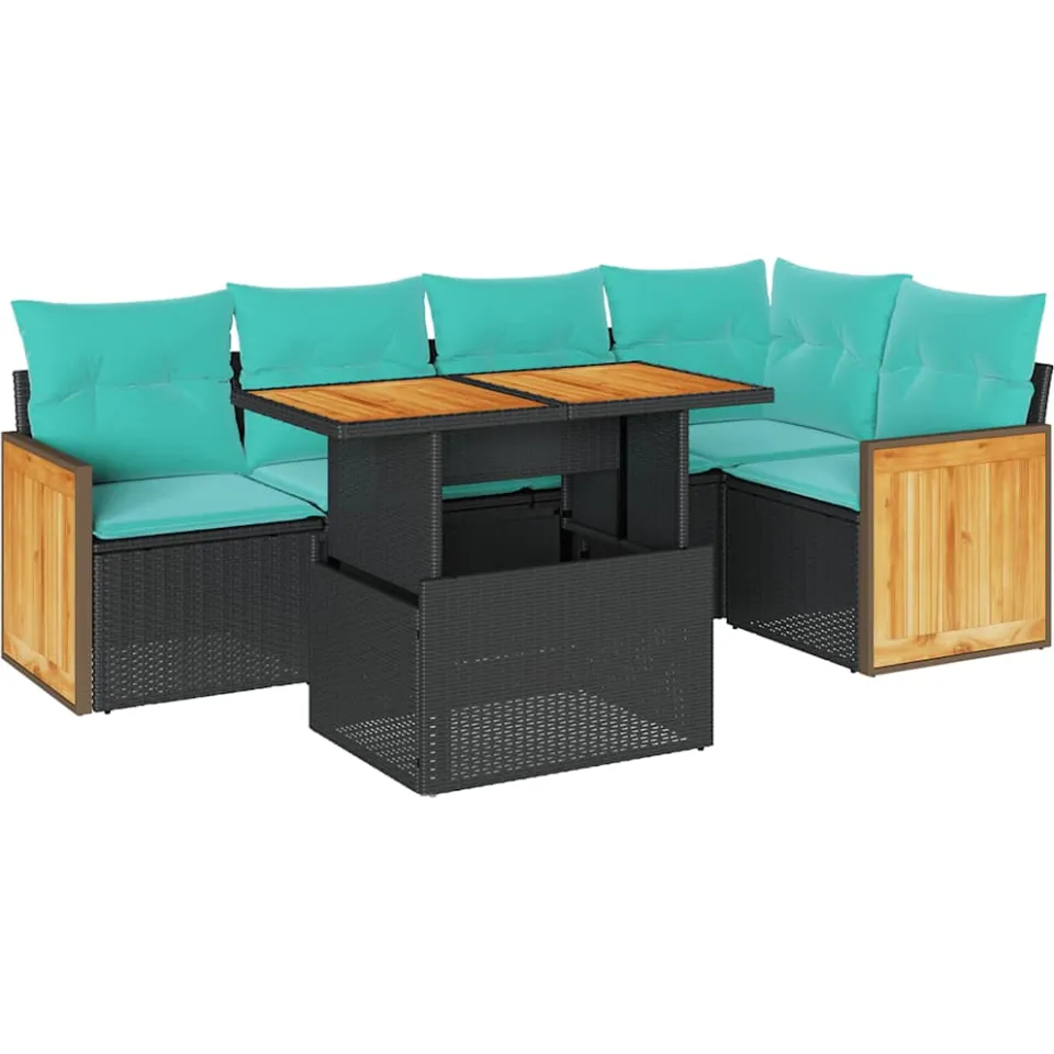 vidaXL 6-delige Loungeset met kussens poly rattan acacia zwart, foto 3