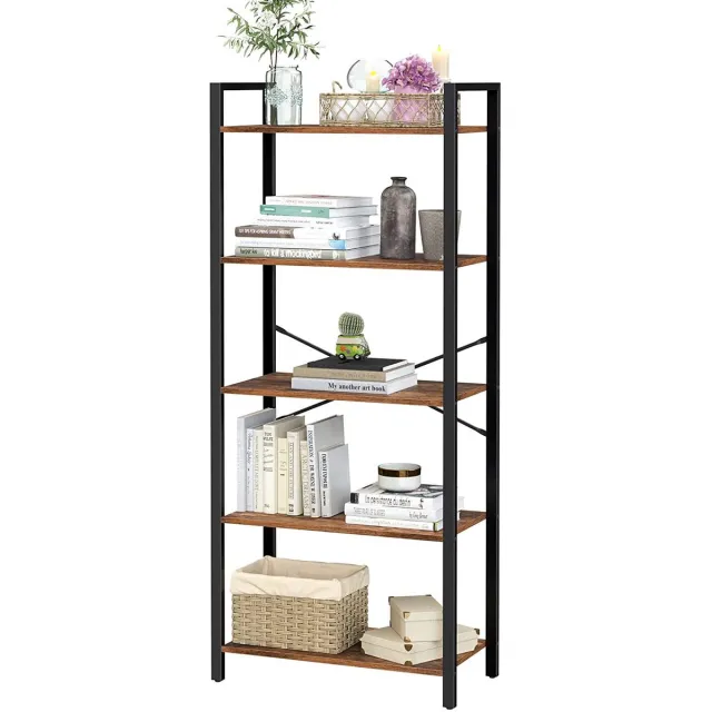 LEOBERT Boekenkast Industriële Stijl – Rustiek Bruin & Zwart – 5 Planken – Metalen Frame – Vintage Open Kast – Wandrek voor Woonkamer, Slaapkamer, Kantoor – 66x30x153 cm bruin / zwart