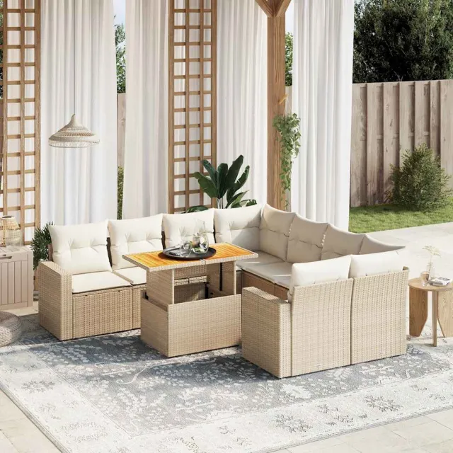 vidaXL 9-delige Loungeset met kussens poly rattan beige, foto 2