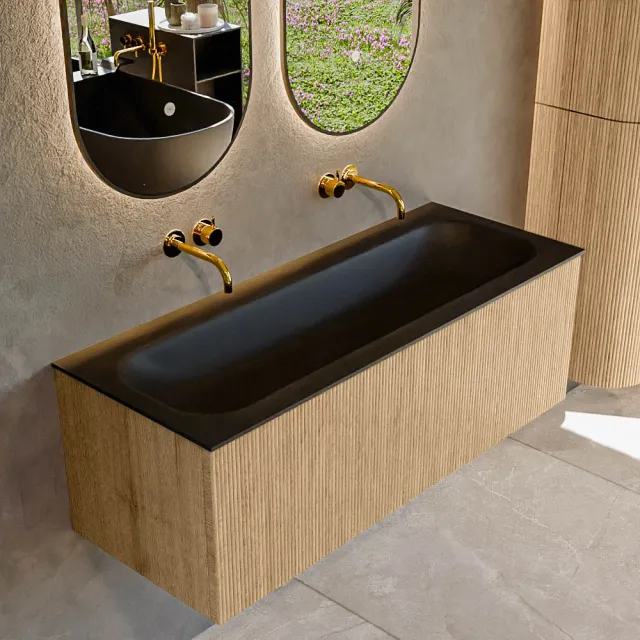 Mondiaz KURVE 120 cm Onderkast Greeploos 1 Lade Zonder Deuren Oak, Wastafel Solid Surface Volledig Urban 0 Kraangaten Zonder Spiegel (KRVBGL1201L0D0KM-Oak/Urb)