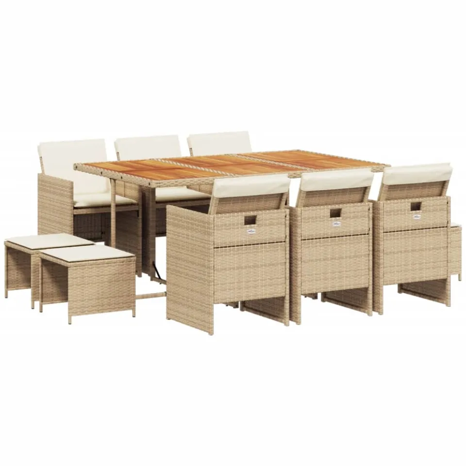 vidaXL 11-delige Tuinset met kussens poly rattan beige