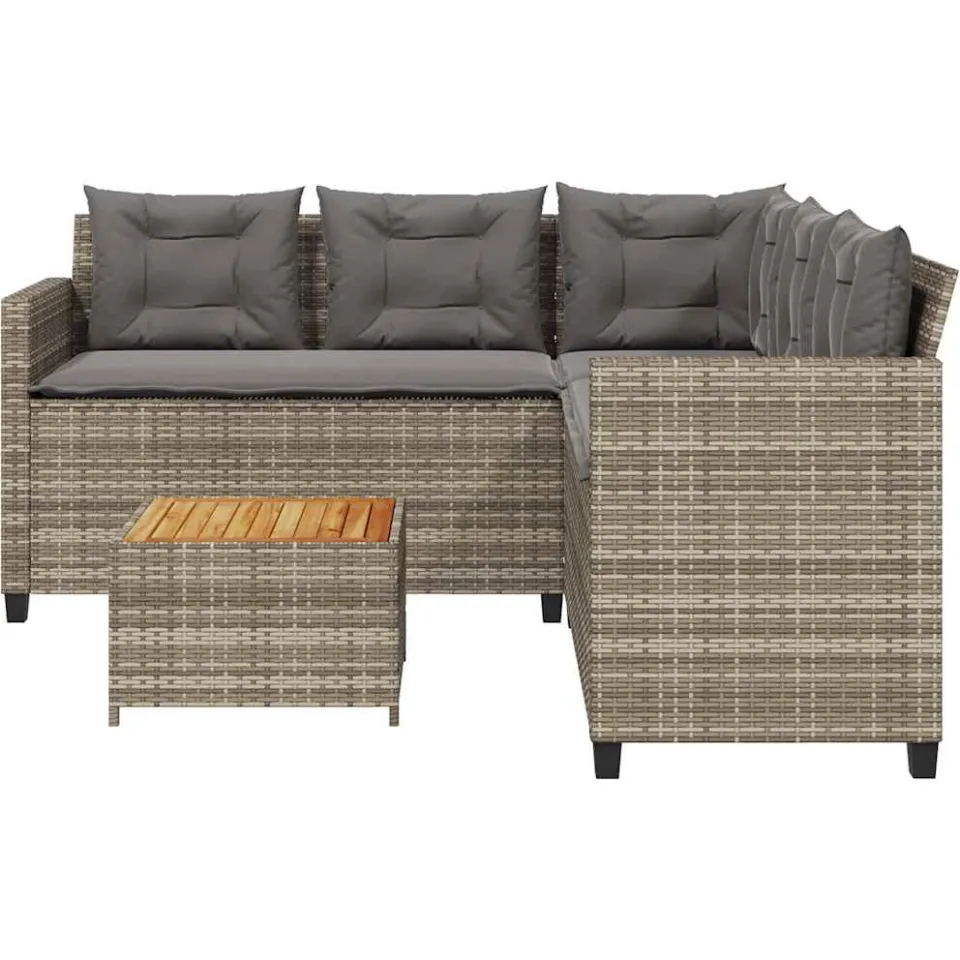 vidaXL Tuinbank met tafel en kussens L-vormig poly rattan grijs, foto 3