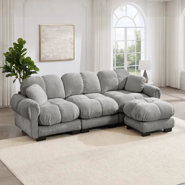 COVREO Hoekbank met mobiele ottomane – 260x149x90 cm – 3-zits L-vormige sofa – met chenille en stiknaden – Lichtgrijs