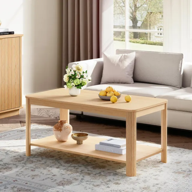 Wishdor Salontafel met twee open opbergniveaus - Rechthoekig blad met afgeronde hoeken - Geribbelde poten - Voor woonkamer en woondecoratie - Spaanplaat in natuurlijke houtkleur - 100 x 50 x 45 cm Naturel houtkleur