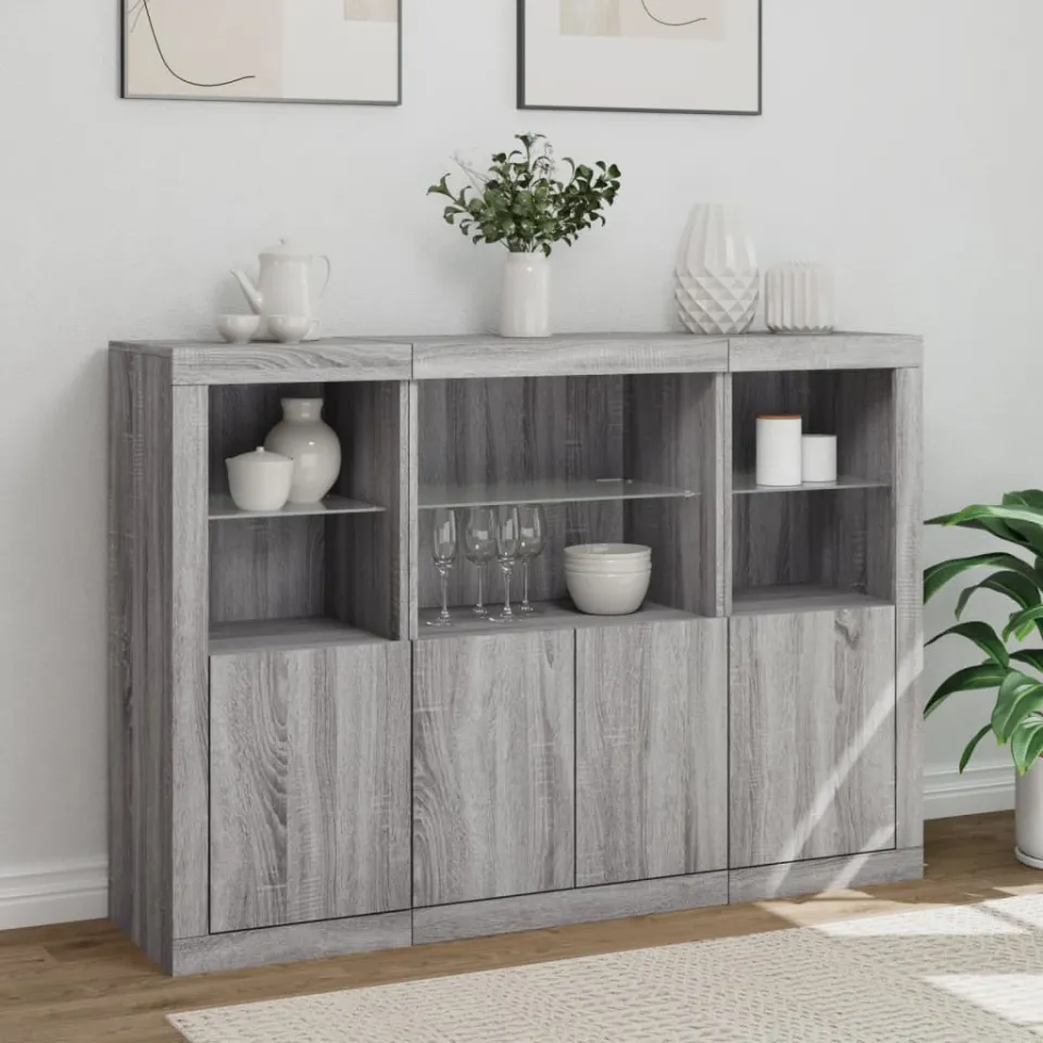 vidaXL Dressoirs met LED-verlichting 3 st bewerkt hout grijs sonoma, foto 4