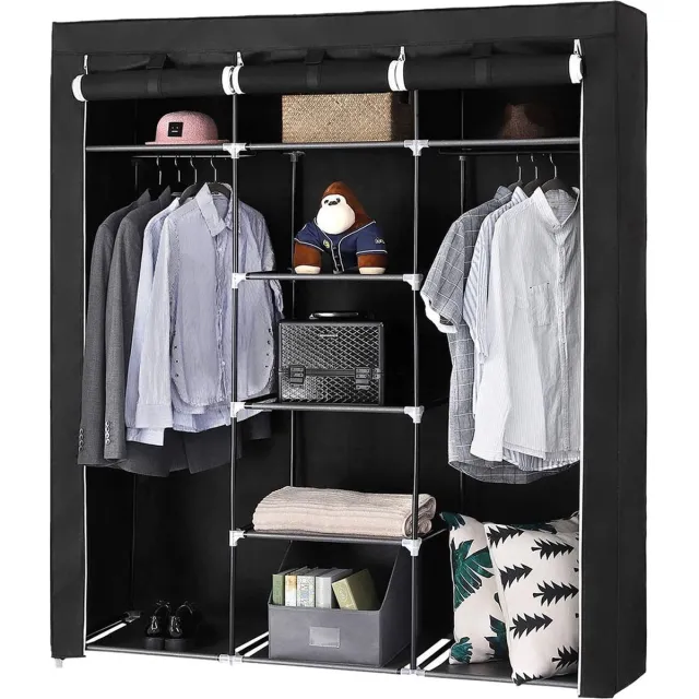 Eleganca Opvouwbare Kledingkast - L150 x B45 x H175 cm - Stoffen Garderobekast - Opbergkast Slaapkamer - 9 Stoffen Planken en 2 Ophangstangen - Draagvermogen 200 kg - Zwart