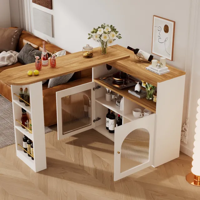 Wishdor 360° Draaibare Bartafel met Smart LED - Kookeiland / Thuisbar met Geribbeld Glas - L-Vorm of Recht - Wit / Eiken