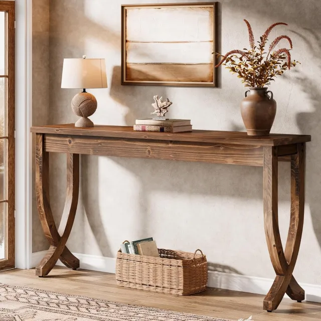Tribesigns Massief Hout Consoletafe - Lange Sidetable met 2 Planken - Bruin - 160 x 30 x 80 cm - Console Tafel voor Hal, Woonkamer, Entree