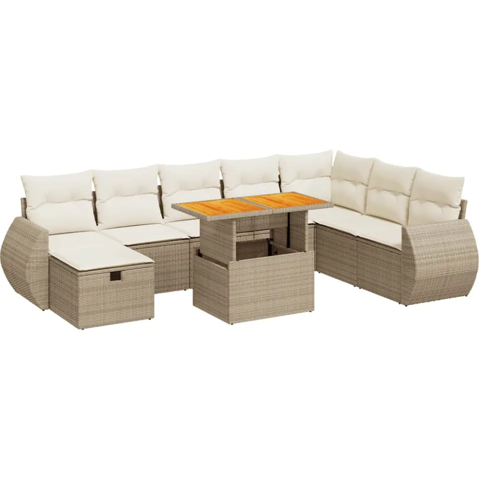 vidaXL 9-delige Loungeset met kussens poly rattan acacia beige, foto 3