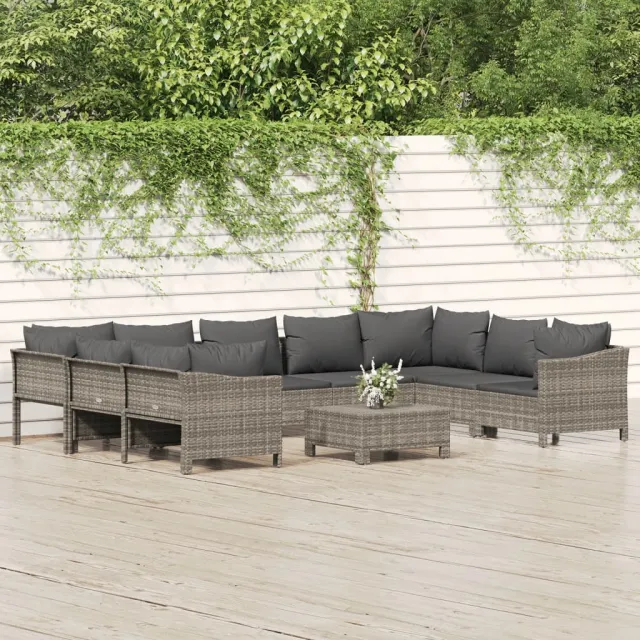 vidaXL 10-delige Loungeset met kussens poly rattan grijs, foto 2