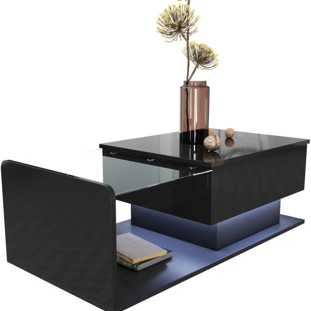 YYchan Salontafel - Moderne Koffietafel met App-gestuurde LED - Gehard Glas In Hoogte Verstelbaar - Modern Design - 100 cm - Zwart