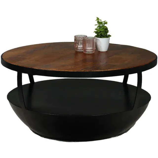 Lizzely Garden & Living Salontafel rond mangohout Kayleigh 80x80 bruin side table industrieel bijzettafel mango hout duurzaam