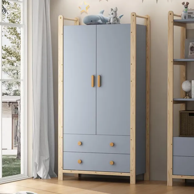 Pugsdrly Kast met 2 deuren, kast met kledingroede, 2 lades, geschikt voor slaapkamer, woonkamer, garderobe, van spaanplaat, blauw lichaam + grenen frame, 90 × 45 × 180 cm Blauw + neutraal