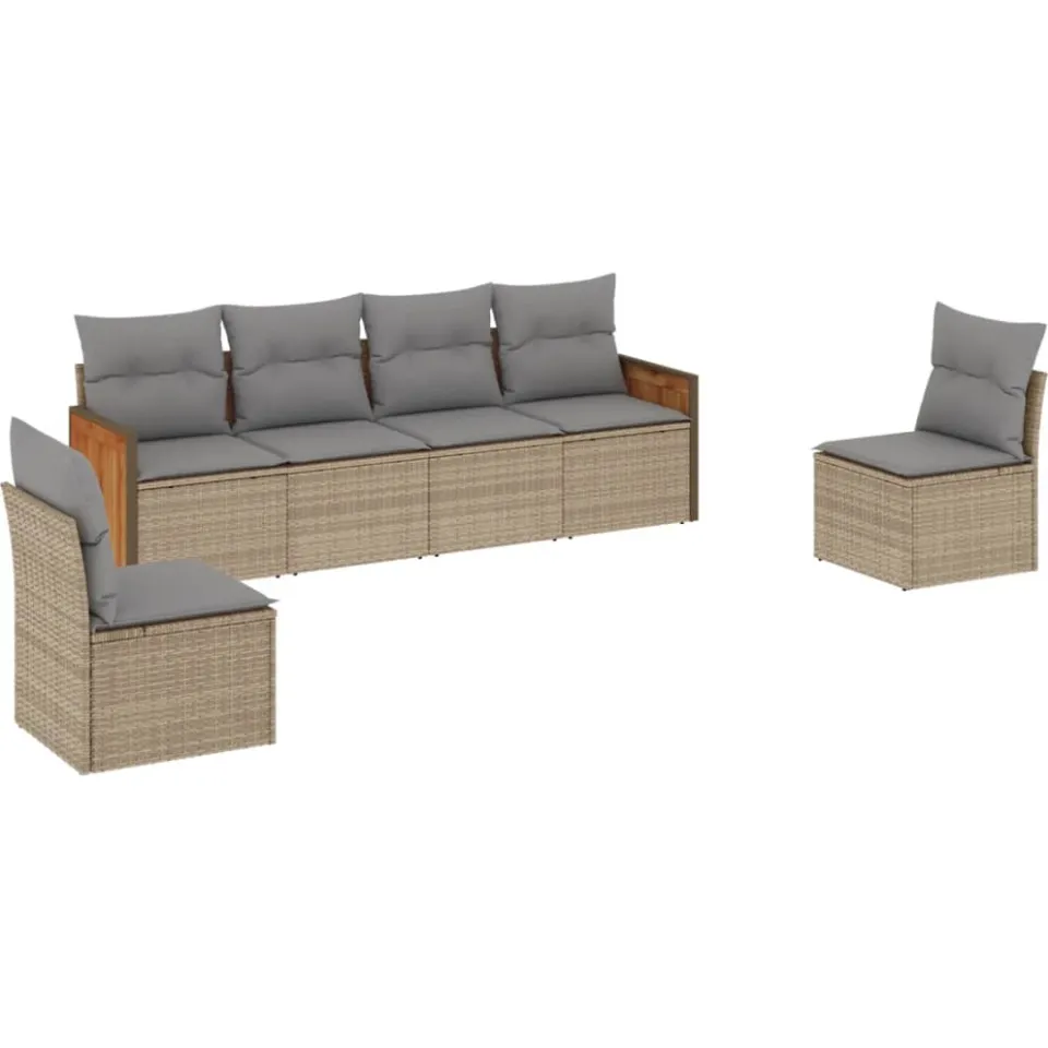 vidaXL 6-delige Loungeset met kussens poly rattan beige, foto 3