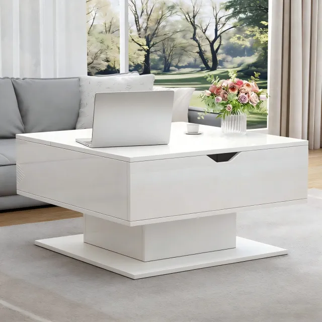 Lemlit Salontafel 80x75 cm - in hoogte verstelbaar met opbergruimte - hoogglans wit - compacte lift-top tafel voor woonkamer