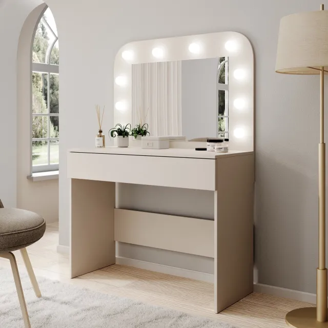 MEUBELLA Savoy - Kaptafel met spiegel - Beige - 100x43x143 cm