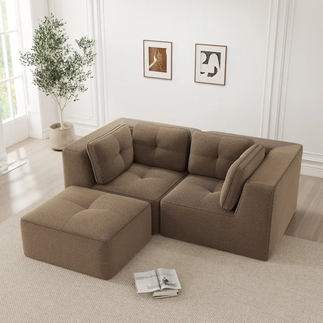 MODENUIT Hoekbank Zonder Frame - Modulair Met Verplaatsbare Voetsteun - Voor Woonkamer en Slaapkamer - Cord Bruin