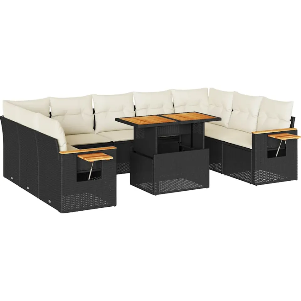 vidaXL 10-delige Loungeset met kussens poly rattan acacia zwart, foto 3