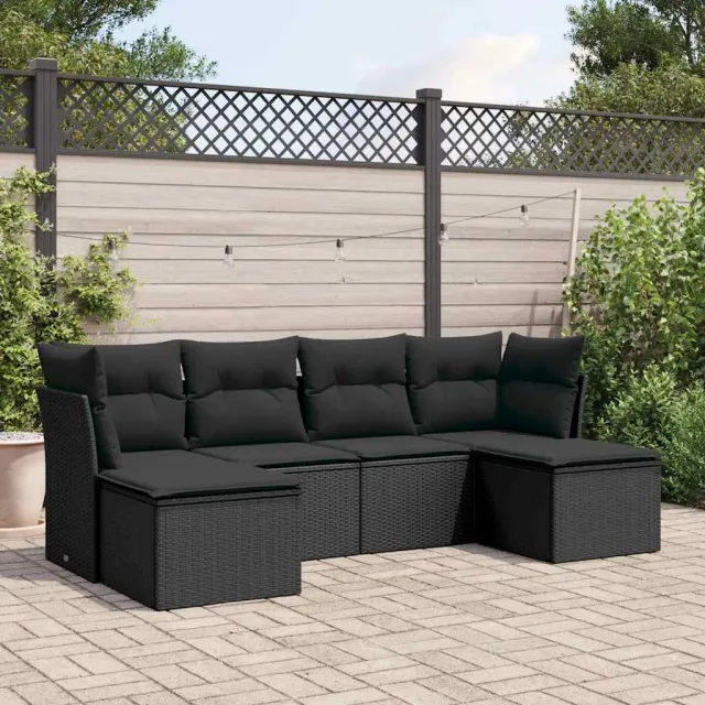 vidaXL 6-delige Loungeset met kussens poly rattan zwart, foto 2
