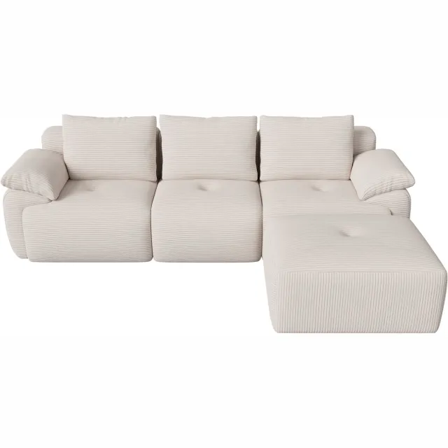 Crème Modulaire Hoekbank L-vorm 3-zits Crème Ribstof - Bankstel met Voetenbank, Zachte Bekleding en Stevige Constructie