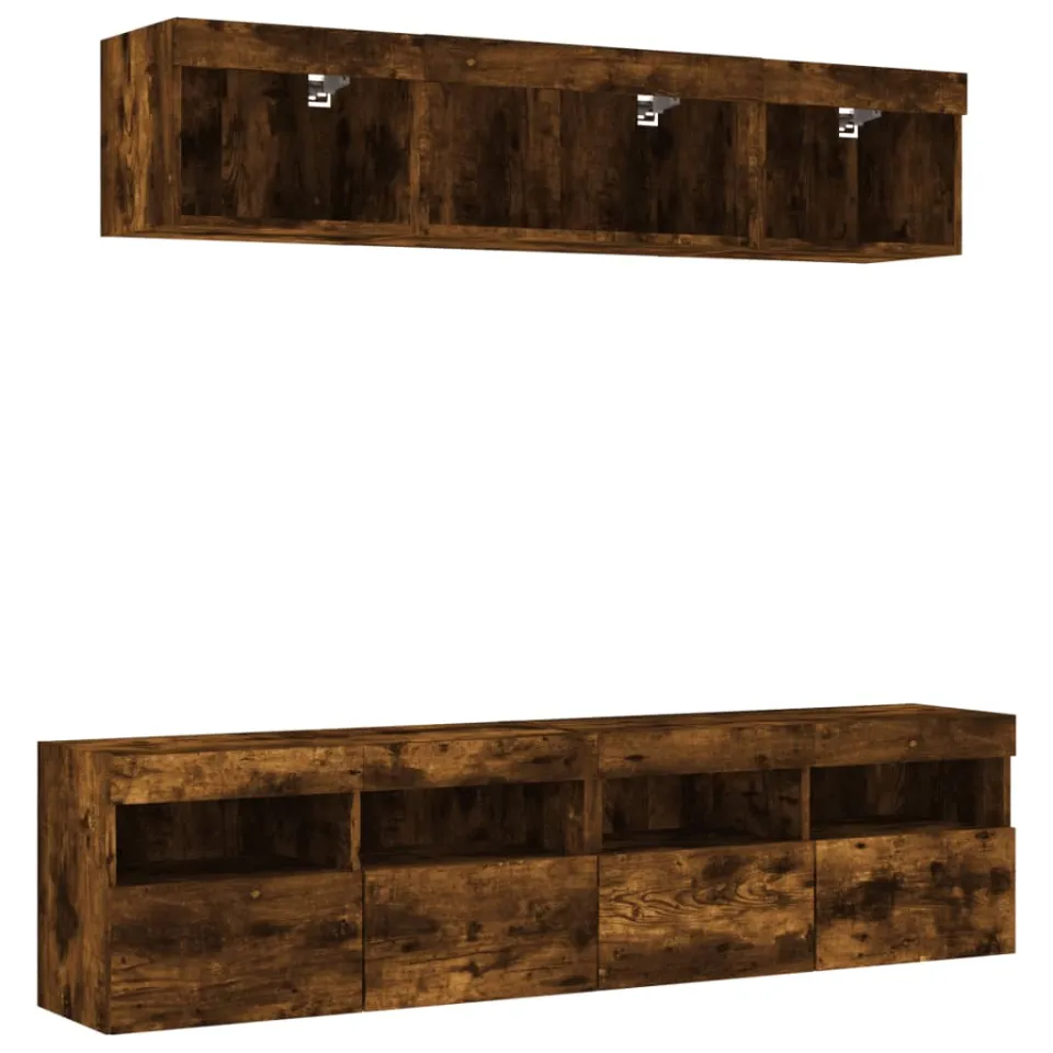 vidaXL 5-delige tv-wandmeubelset met LED bewerkt hout gerookt eiken Bruin