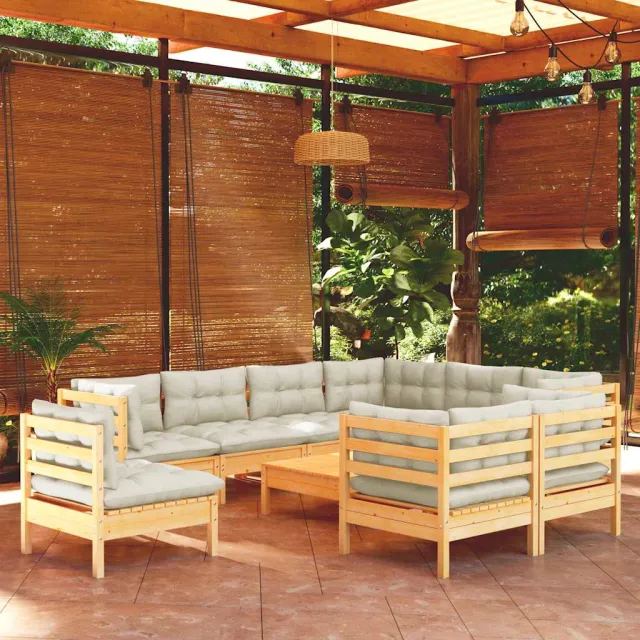 vidaXL 10-delige Loungeset met crèmekleurige kussens grenenhout, foto 2