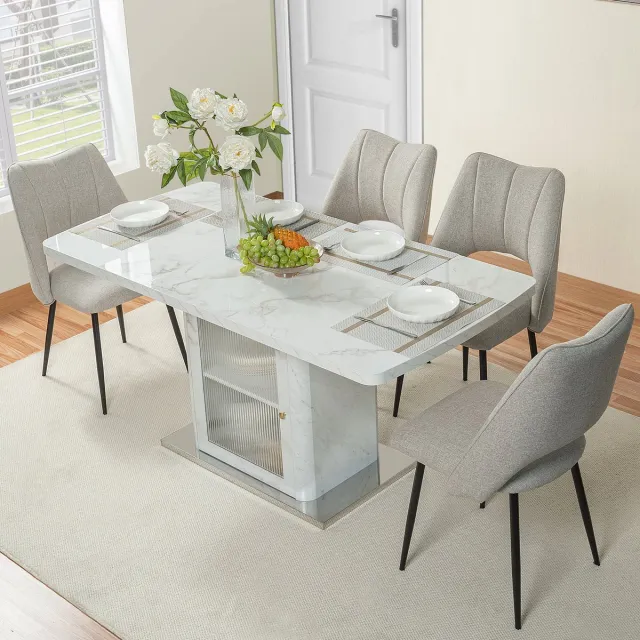 STILVORA Eettafel – Uitschuifbare Rechthoekige Eettafel Met Opberggedeelte En Glazen Deuren – Verstelbare Plank – MDF+Staal – 120-160x80x76 cm – Wit