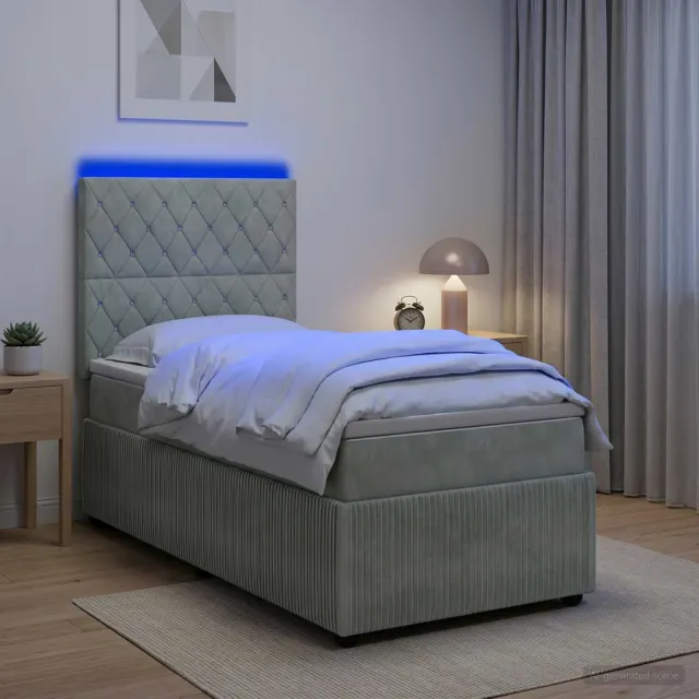 vidaXL LED Boxspring Bed met Matras Lichtgrijs 90 x 190 cm Fluweel