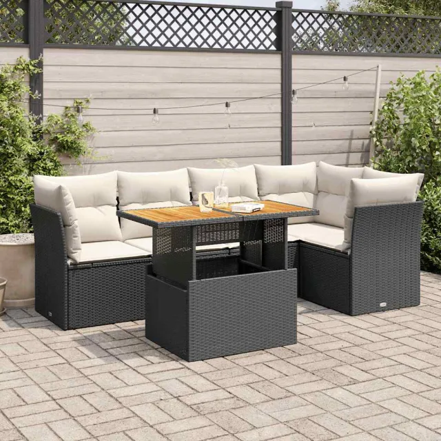vidaXL 6-delige Loungeset met kussens poly rattan zwart, foto 2