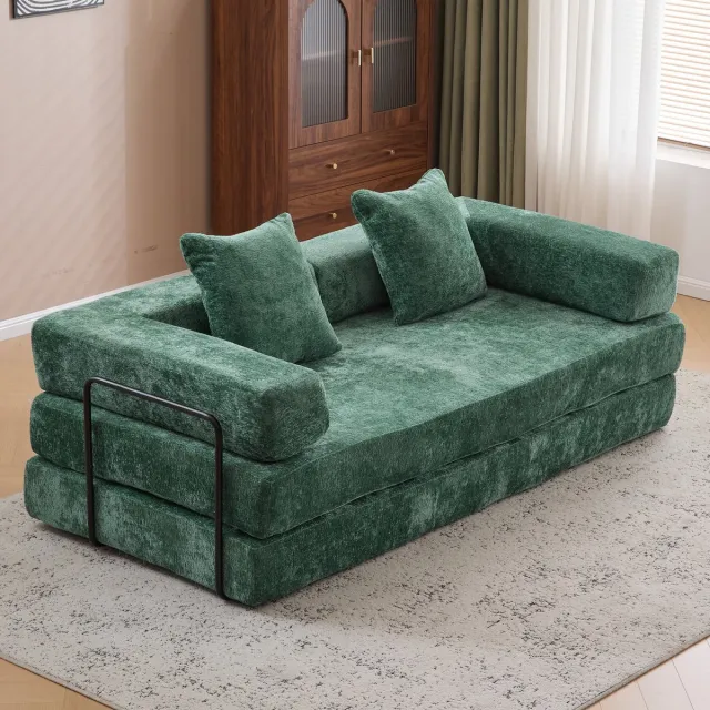 Vankel Multifunctionele Chenille Slaapbank – Slaapbank met Vast Frame – Opvouwbaar, Met 2 Kussens en Armleuningen – Comfortabel 4-in-1 Ontwerp – Voor 2 Personen – Bank, Lounger, Logeerbed – Geschikt voor Appartementen of Kleine Ruimtes - Donkergroen