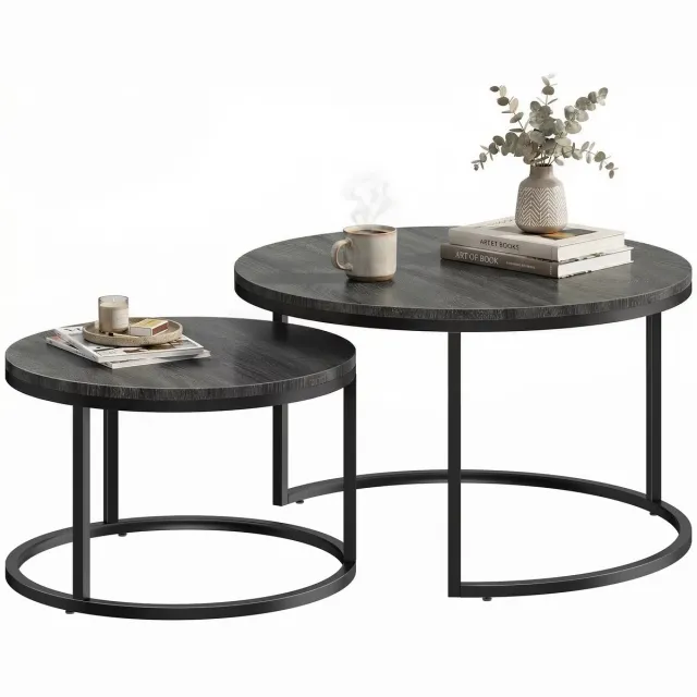 JOYNEXTBUY Salontafel Set van 2 – Industriële Nesting Tafels – Stapelbare Bijzettafels - Metalen Onderstel – Koffietafel – Zwart