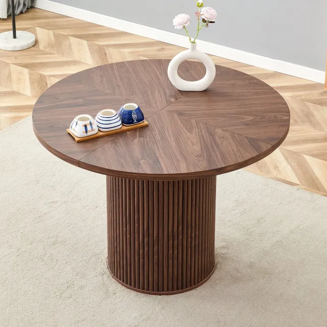 DESMIU Eettafel - Ronde MDF Tafel Met Zuilvoet - Voor 4 Tot 6 Personen In Eethoek Of Keuken - 100 Cm - Walnootkleur